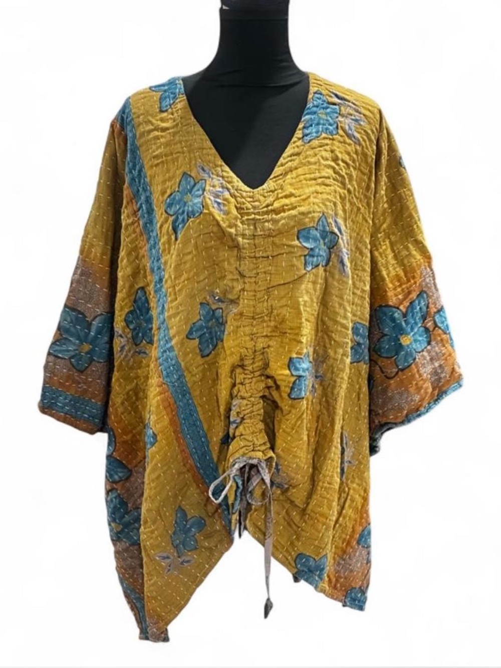 Kaantha poncho style  Mustard Floral V-Neck Drawstring Tunic